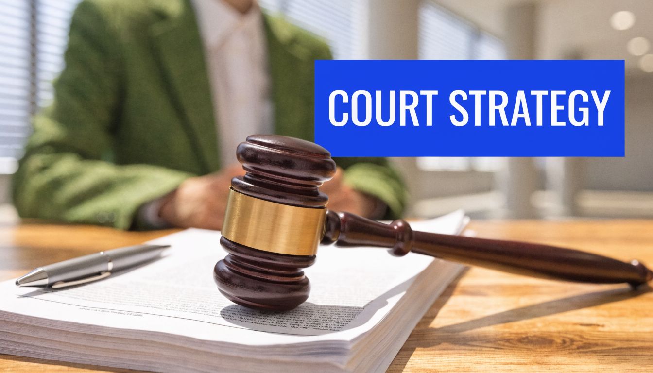 A wooden gavel resting on legal documents with a person in a suit in the background.