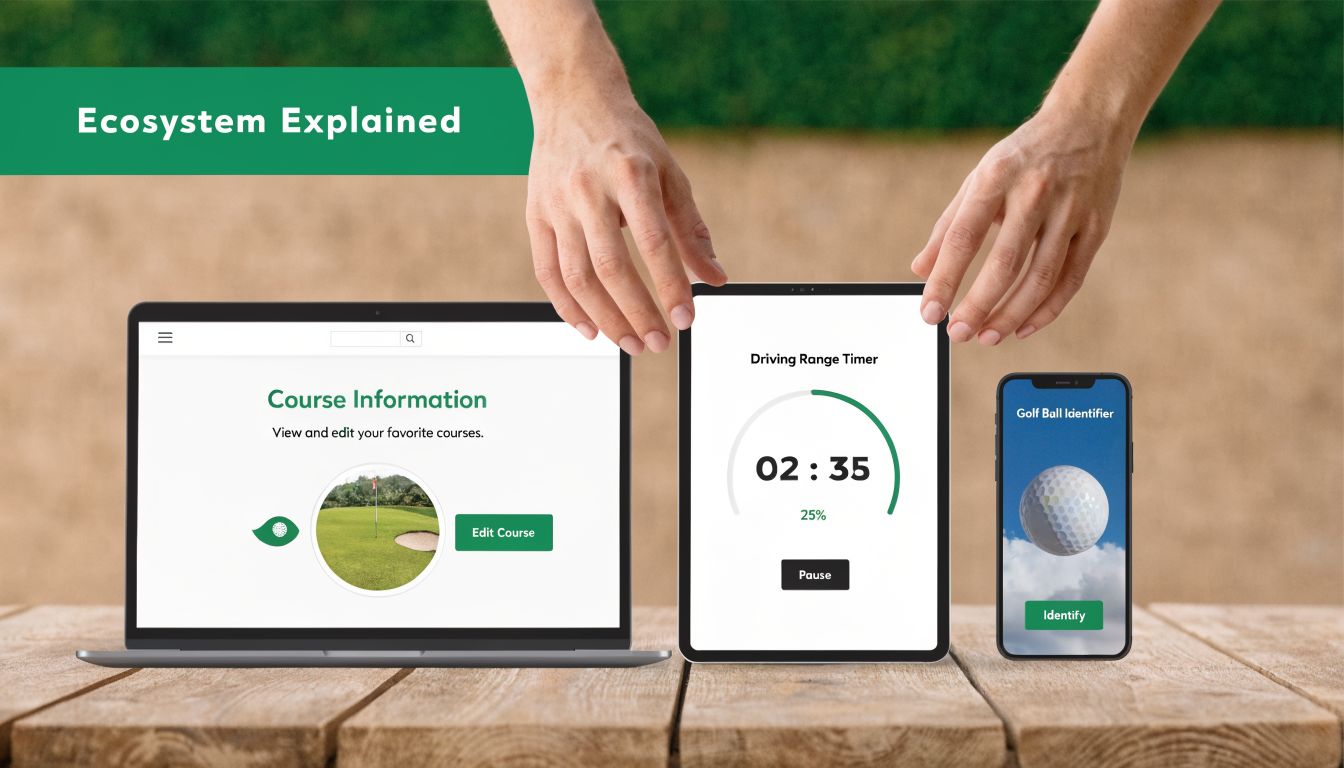 Hands holding a tablet displaying a timer next to a laptop and smartphone for golf course management.