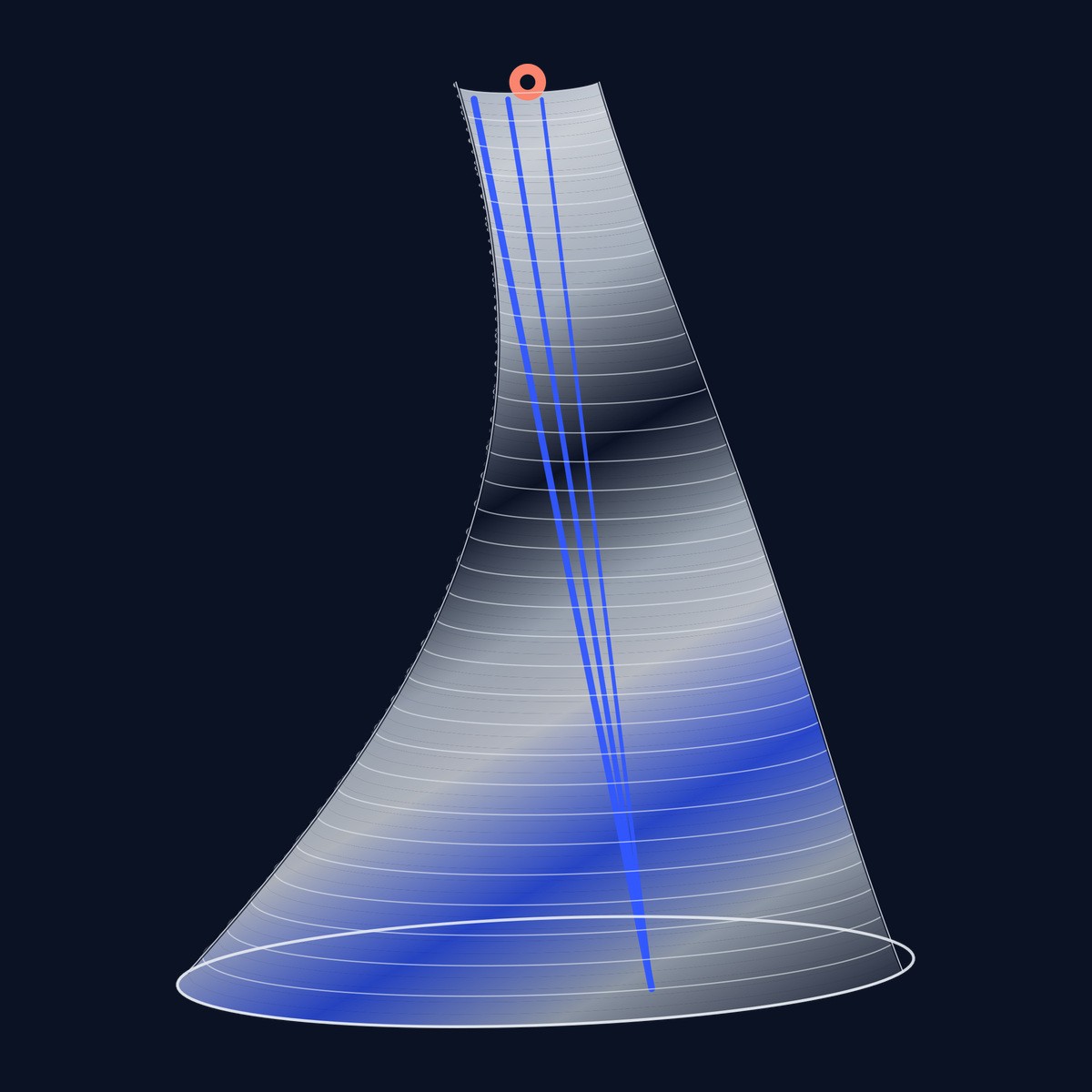 A cut-open flared resonator reveals a narrow throat, bowed silver skin and cobalt conductive strands. Original cobalt and silver vector illustration on a dark ink field.