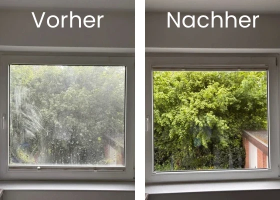 Professionelle Fensterreinigung Osnabrück – Vorher-Nachher: trübes Fenster mit Wasserflecken und streifenfreies Ergebnis nach Reinigung