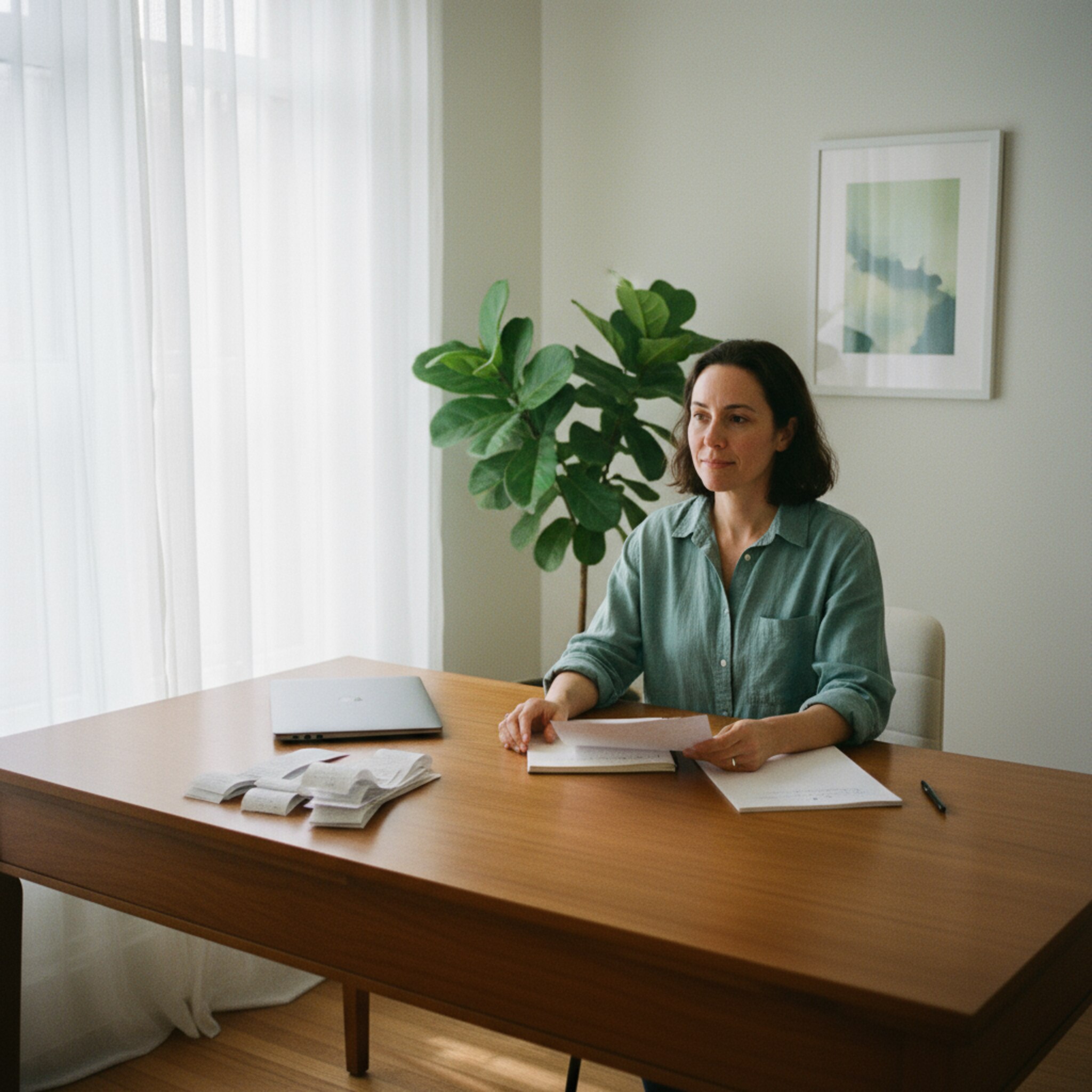 Ein ruhiger Büroraum mit aufgeräumtem Tisch, auf dem geordnete Belege und ein Notizblock liegen. Durch das Fenster fällt weiches Tageslicht, eine Pflanze spendet etwas Grün. Die Kursleitung prüft Unterlagen, alles wirkt nachvollziehbar und sauber dokumentiert.