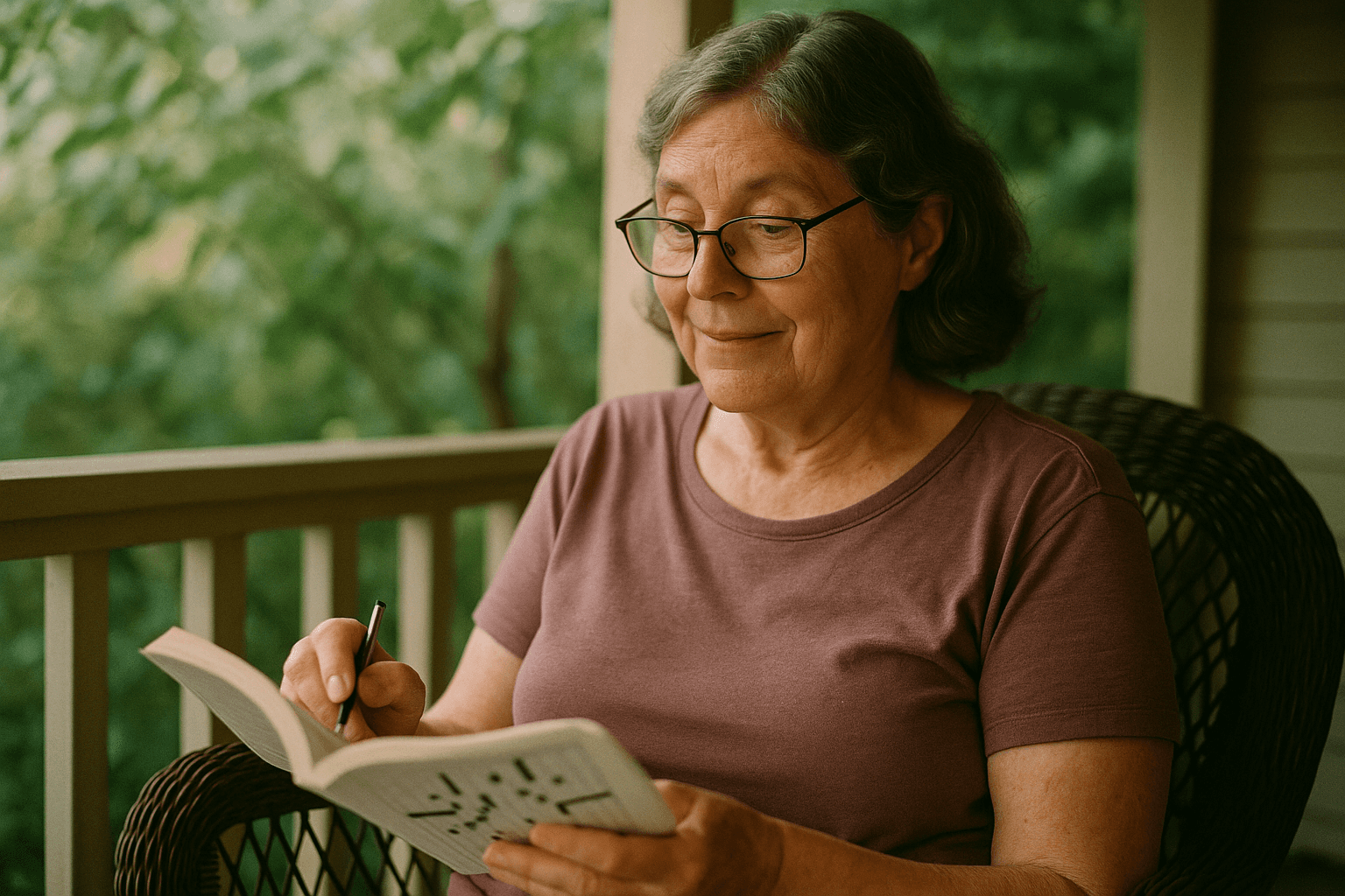 An older woman sits on a garden porch beginning a new puzzle book with a curious expression.