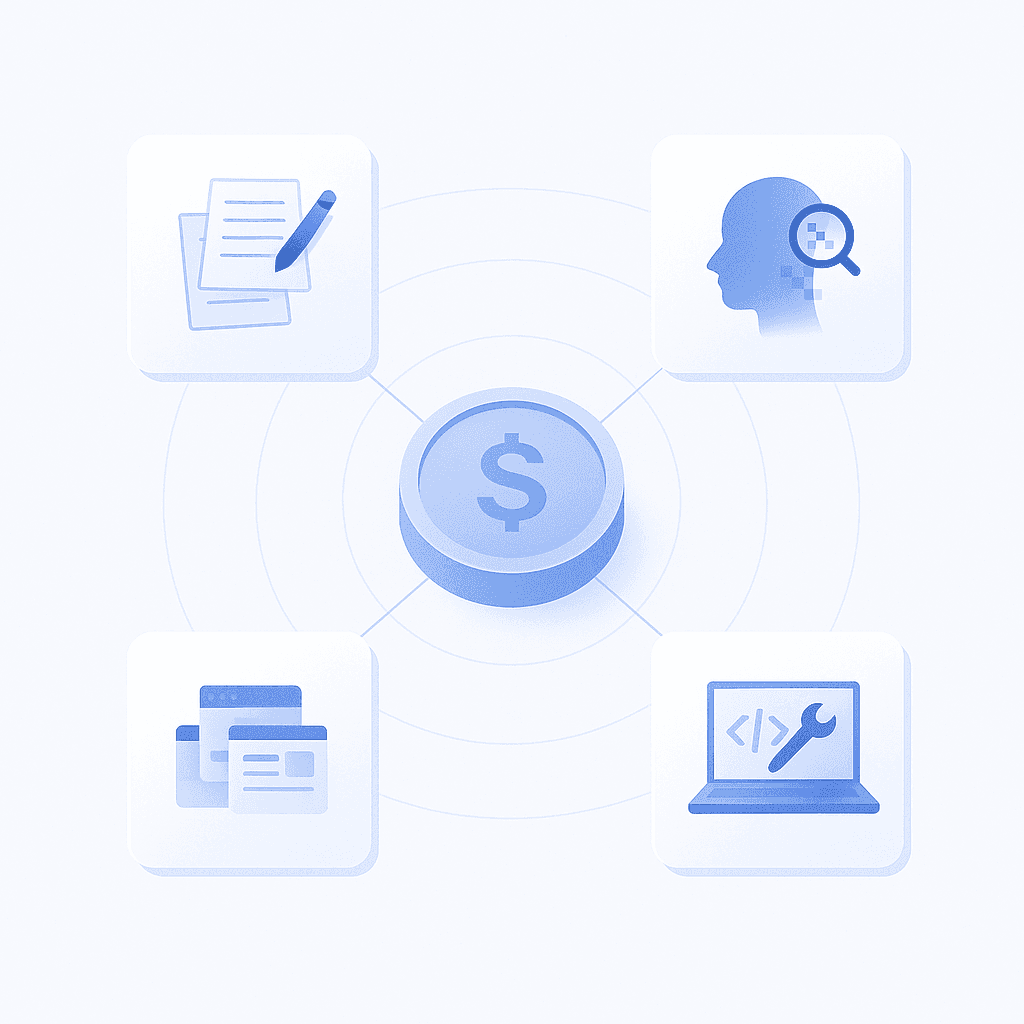 Radial diagram showing hidden costs: content work, visitor ID gaps, developer lift, and tool fragmentation.