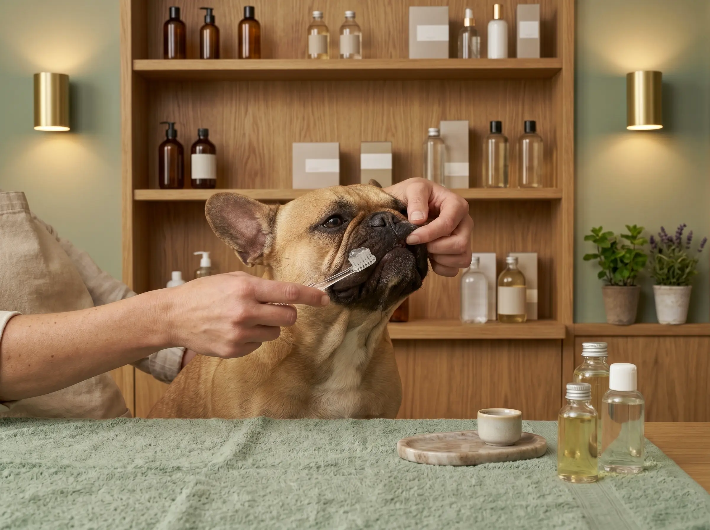 A dog having its teeth gently brushed with pet-safe toothpaste.