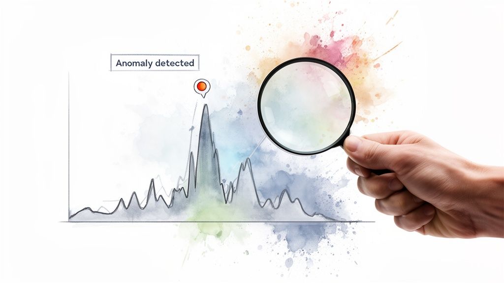 Hand holding magnifying glass over a data graph showing an 'Anomaly detected' peak.