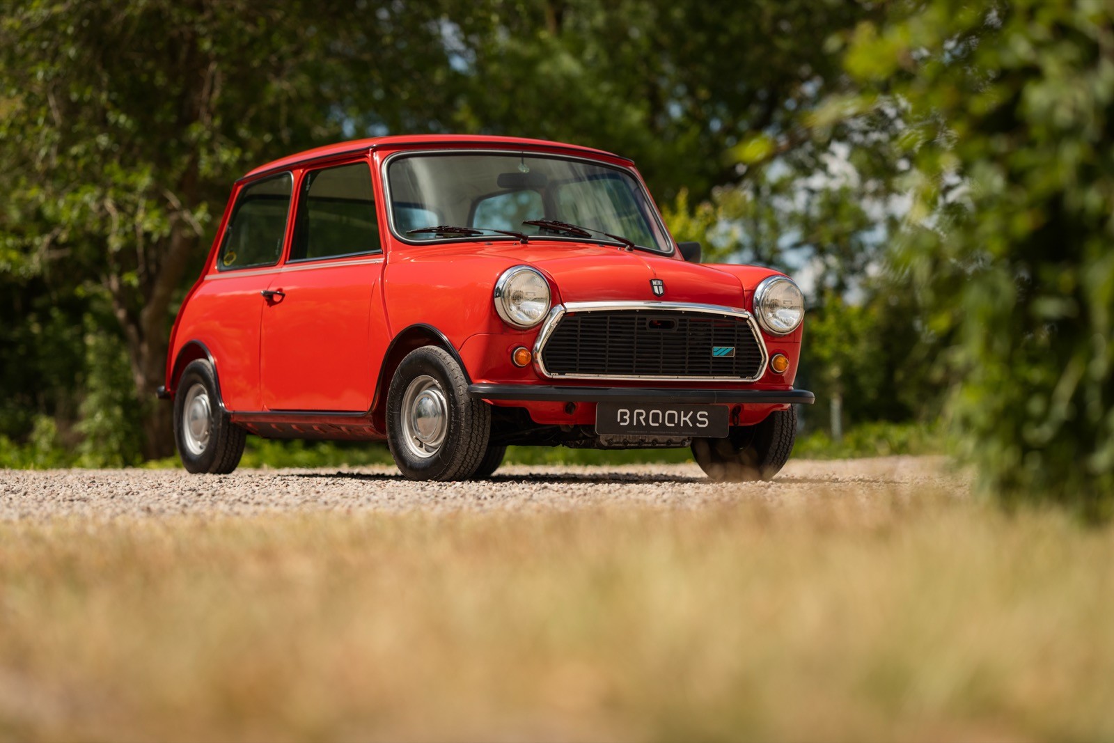 A red car parked on a dirt road surrounded by lush greenery and grass.