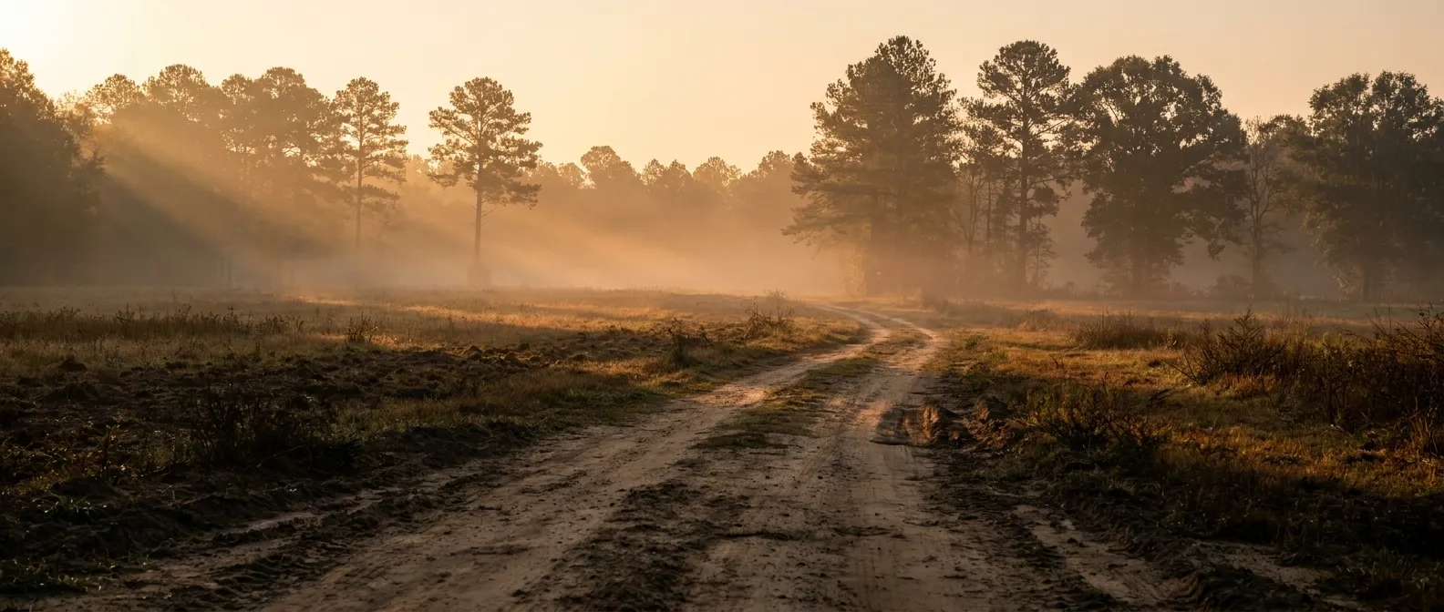 Sunlit forest path at dawn, symbolizing RockN' Socials Digital Marketing Agency.