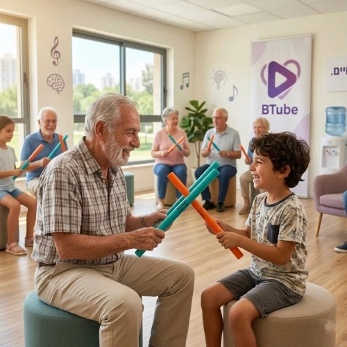 תצלום אותנטי ומלא חיים של פעילות BTube משותפת במרכז קהילתי ישראלי: גבר מבוגר עם זקן מחייך צוחק יחד עם ילד קטן, בעודם מבצעים תרגיל מקצב משותף עם מקלות הקצב הצבעוניים. ברקע נראית קבוצה מגוונת של משתתפים נוספים.