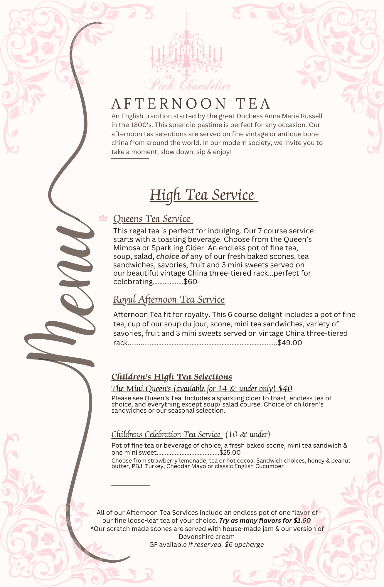 Afternoon Tea Menu at The Pink Chandelier
