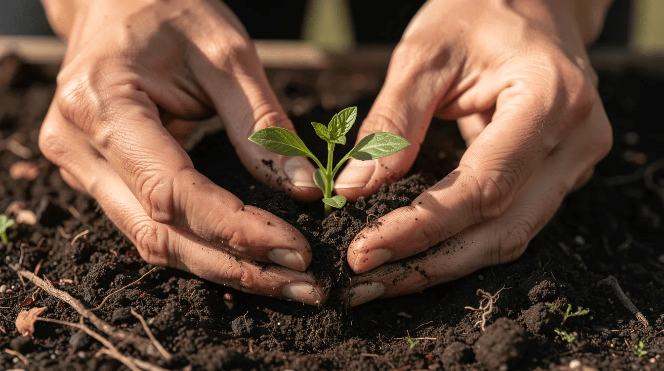A pair of hands gently planting a small green seedling into dark soil, symbolizing the hope and potential for growth that comes with new beginnings, much like the emotional stages one might experience when dealing with inherited wealth and the feelings of guilt associated with financial gain.