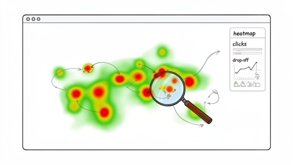 A website heatmap showing user clicks and drop-off rates, with a magnified section.