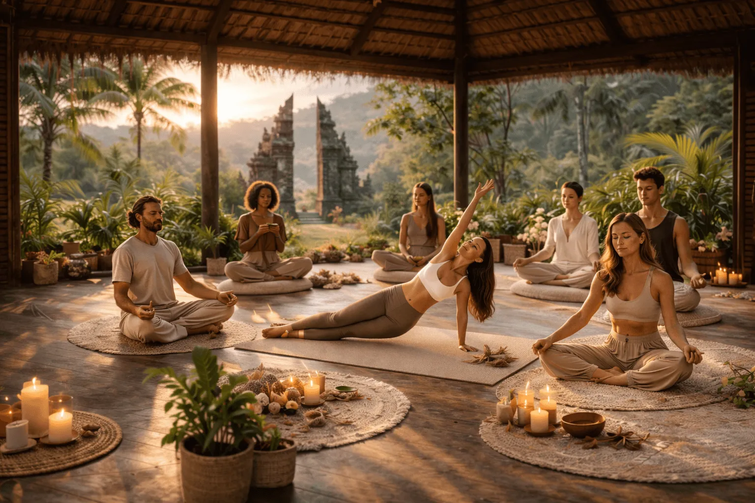 Yoga class in open-air pavilion with jungle backdrop