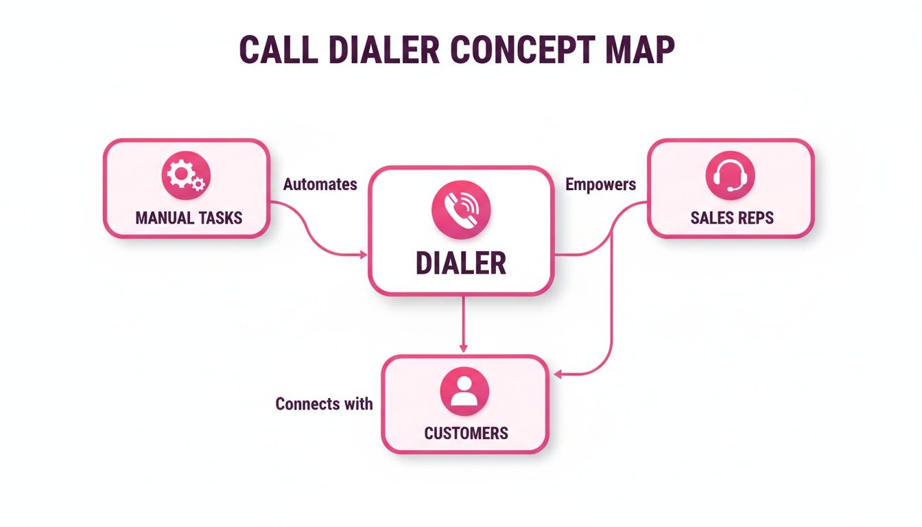 A concept map showing how a dialer automates tasks, empowers sales reps, and connects with customers.