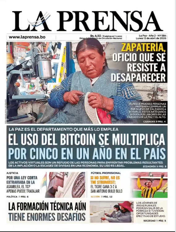La Prensa Bolivia front page headline reading "El uso del Bitcoin se multiplica por cinco en un año en el país" (Bitcoin use multiplies 5x in one year in Bolivia)