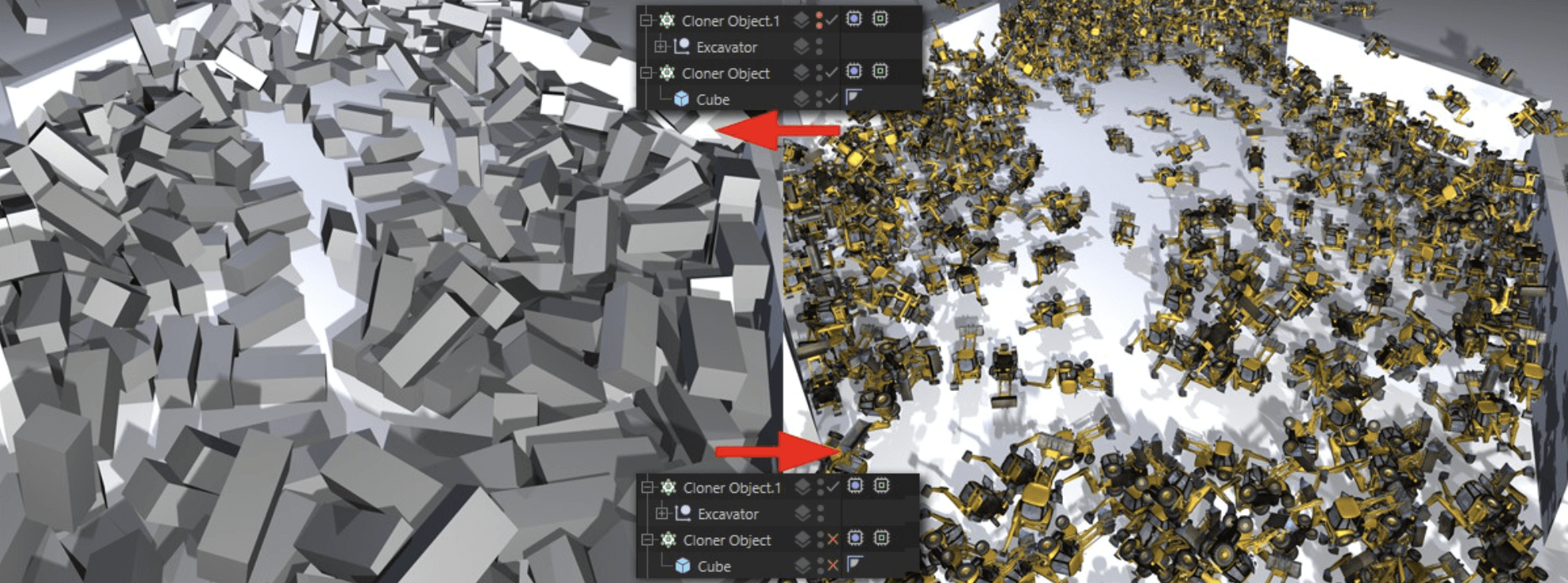Cinema 4D MoGraph example comparing cube and excavator clones with Cloner hierarchies and cache tags.