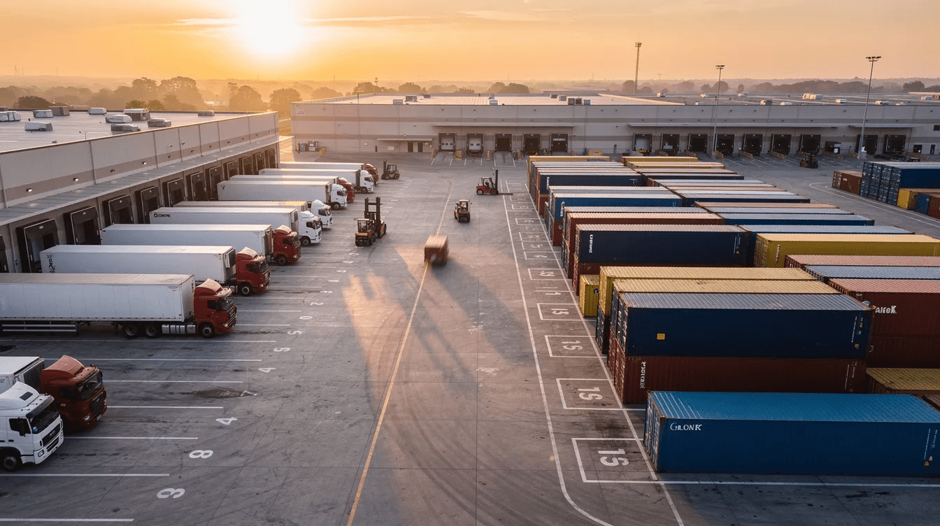The image depicts a logistics yard filled with truck trailers and shipping containers, showcasing an organized environment for asset management. This setting highlights the importance of real-time asset tracking and efficient asset utilization within the supply chain.