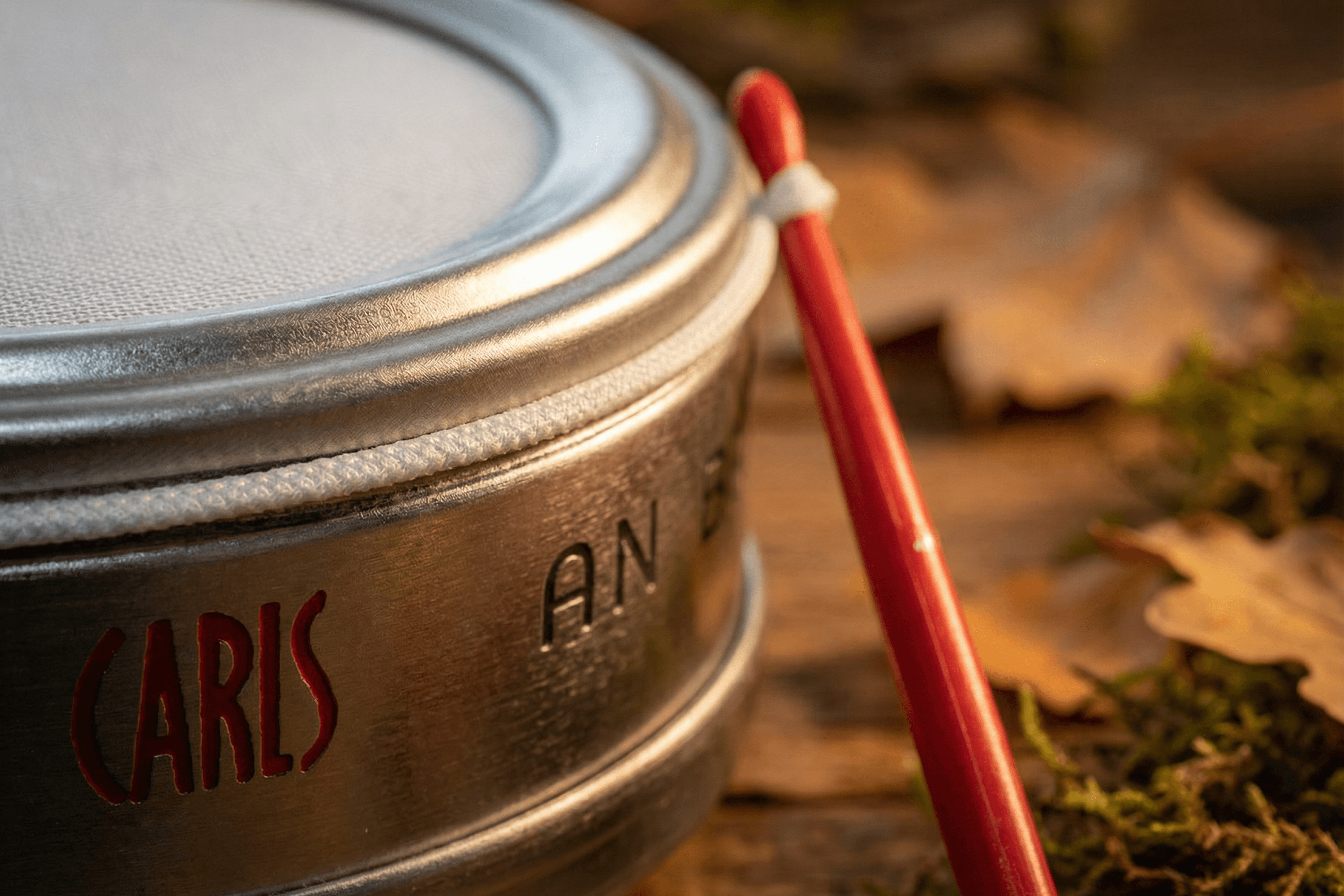 Drums and drumstick on wooden surface with moss