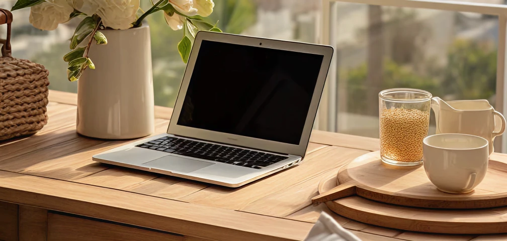 Laptop on a wooden desk with coffee and flowers, overlooking a serene beach view a peaceful remote work setup.