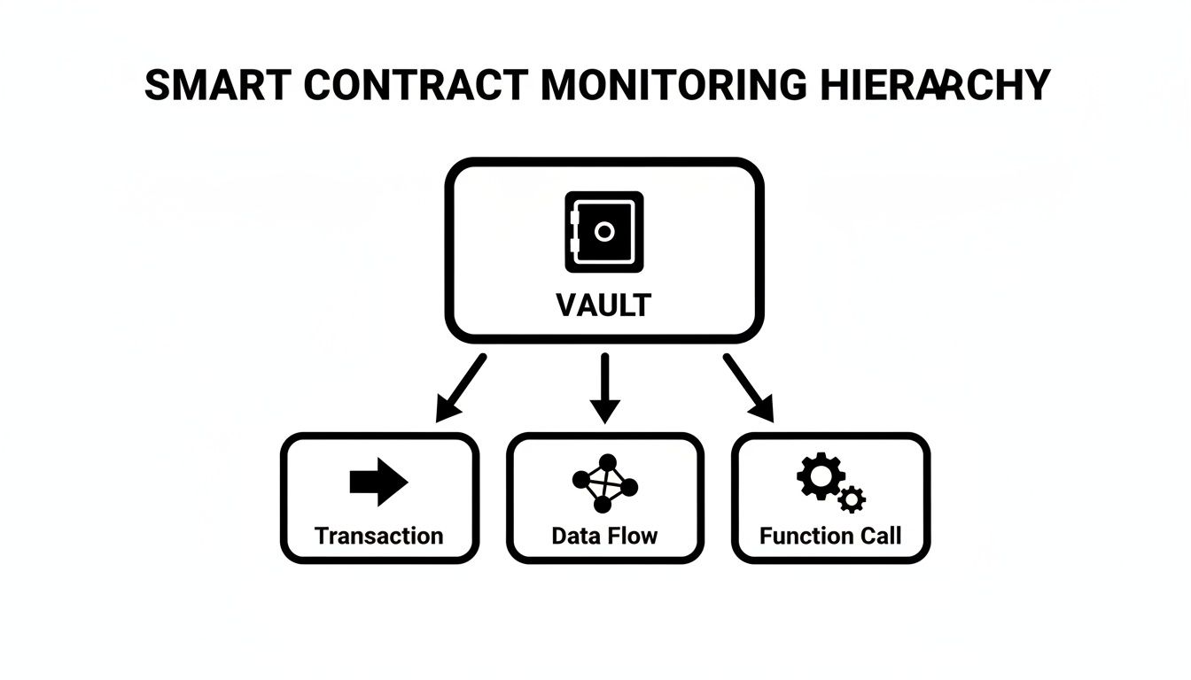 Hierarchy diagram showing smart contract monitoring, from Vault to Transaction, Data Flow, and Function Call.
