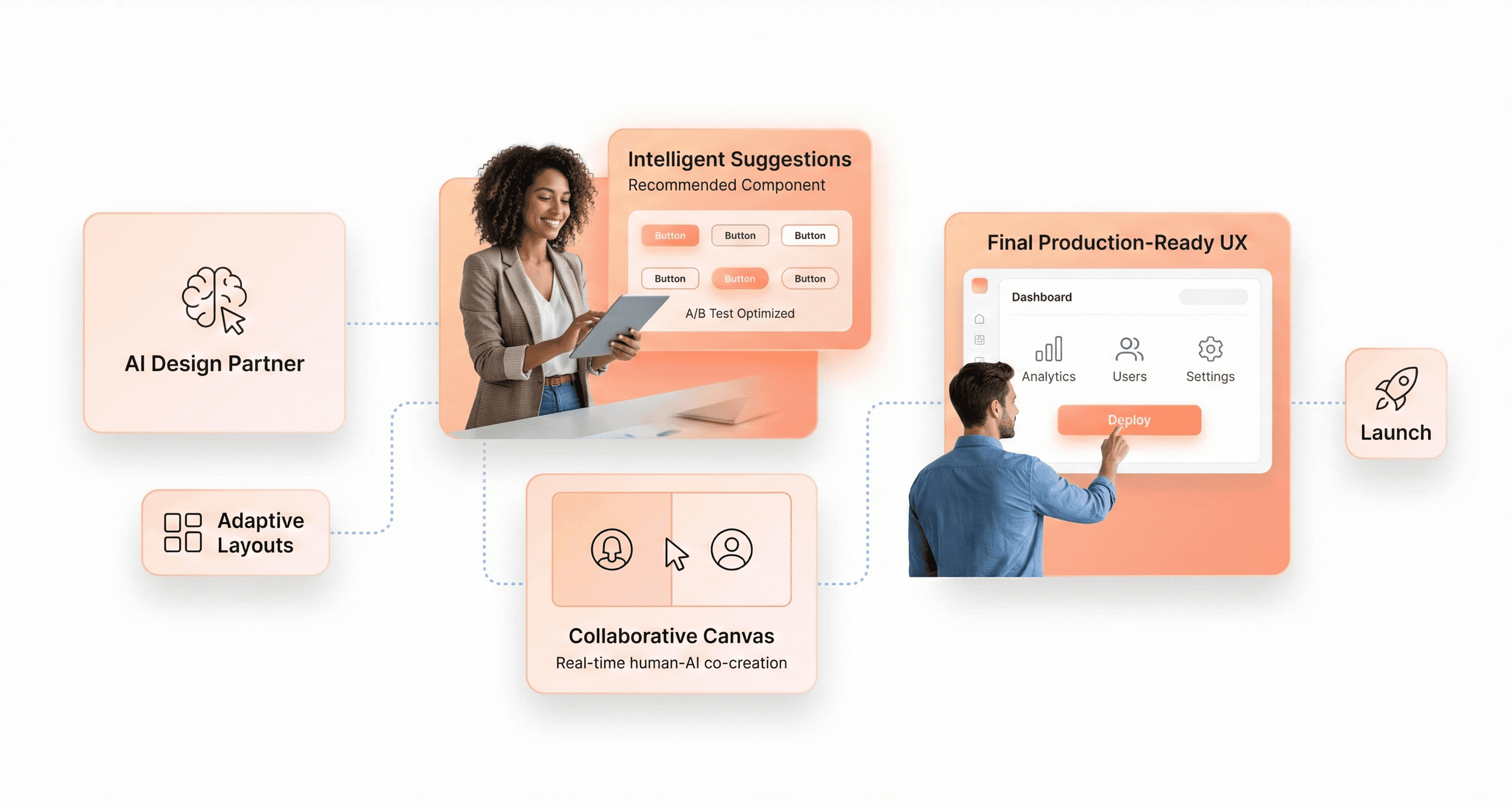 AI-powered UX/UI design for SaaS platforms showing intelligent interface layouts and human designers collaborating with adaptive UI components.