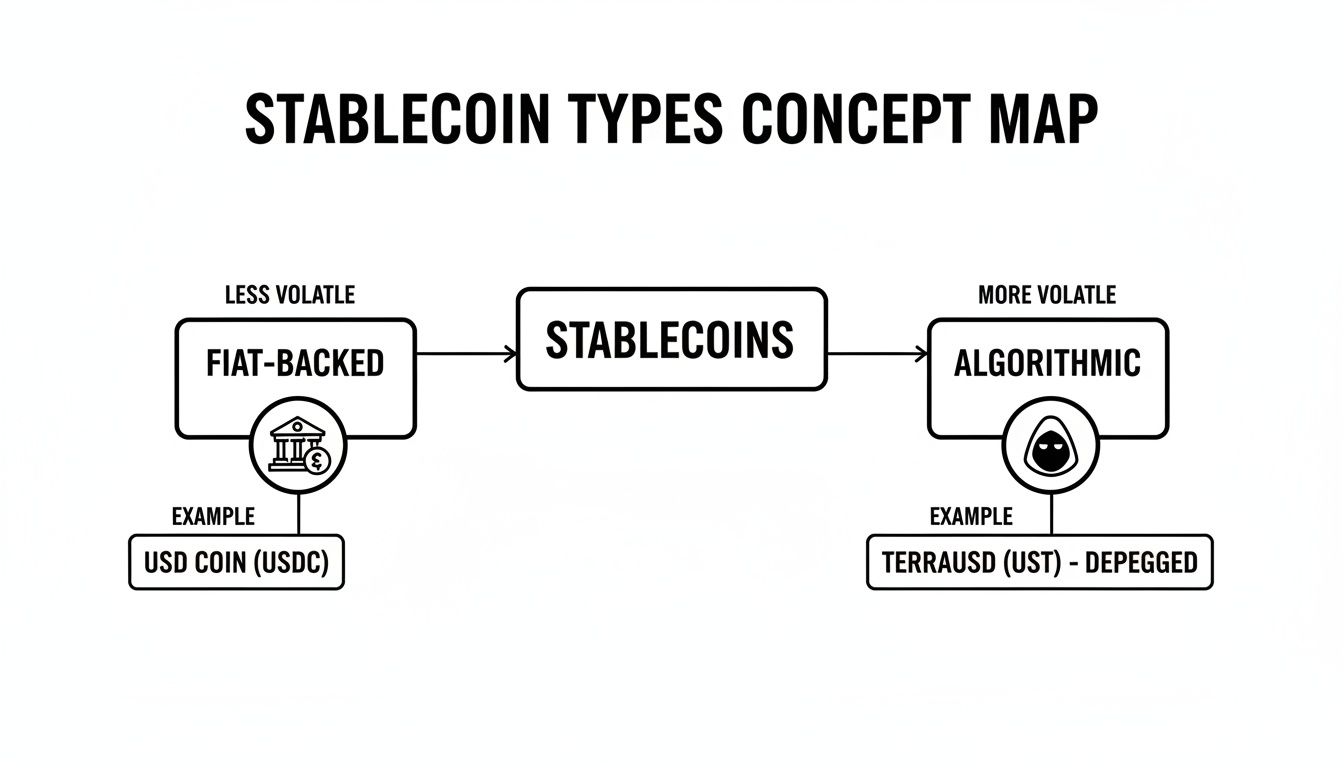 A concept map illustrating stablecoin types, showing fiat-backed (USDC) and algorithmic (TerraUSD).