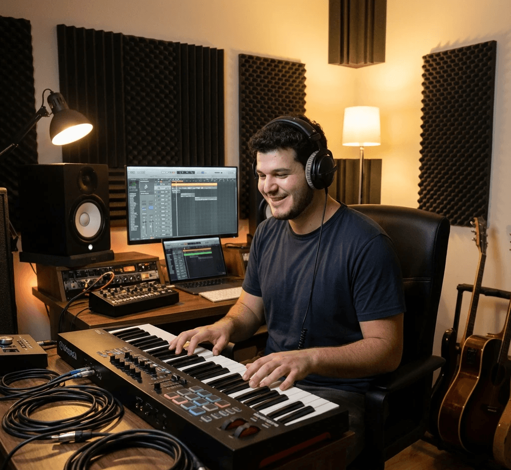 Music Producer sitting at his desk