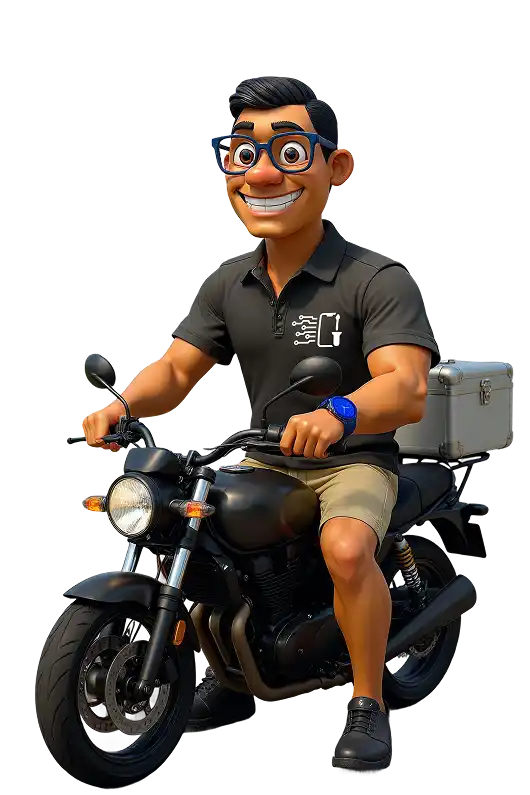 Ilustração cartoon de mascote técnico de assistência de celulares sobre motocicleta preta com baú traseiro, usando polo preta com logo e óculos