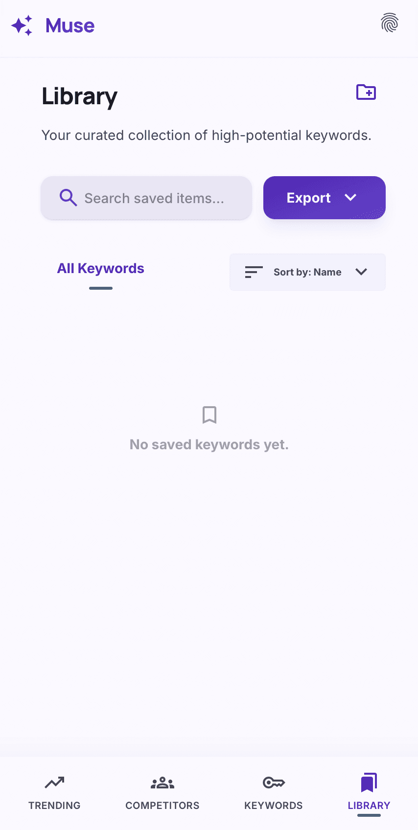 Library Page. Where users would be able to see their save keywords and export marketing reports into the format they chose.