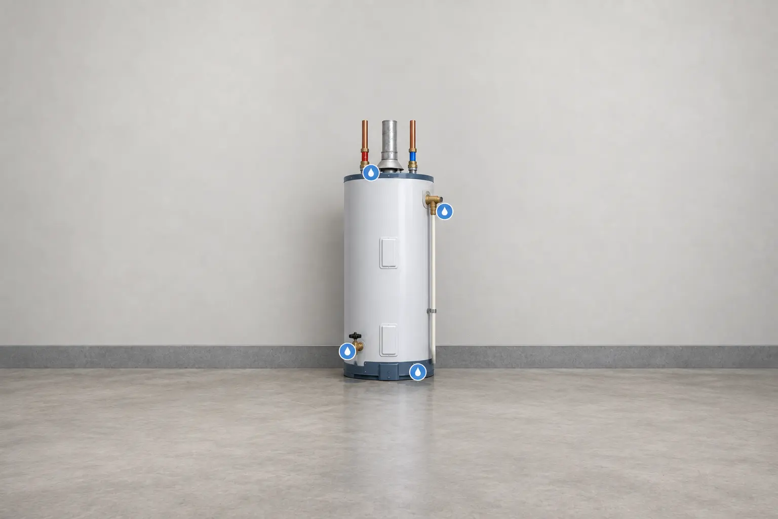 Illustration marking the top connections, relief valve, drain valve, and base of a storage-tank water heater