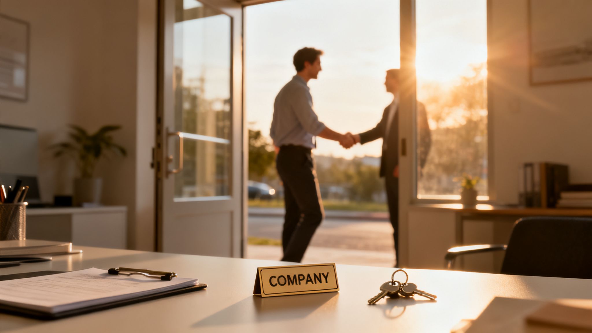 Two men shake hands in a sunlit office, with a company sign and keys on the foreground desk.