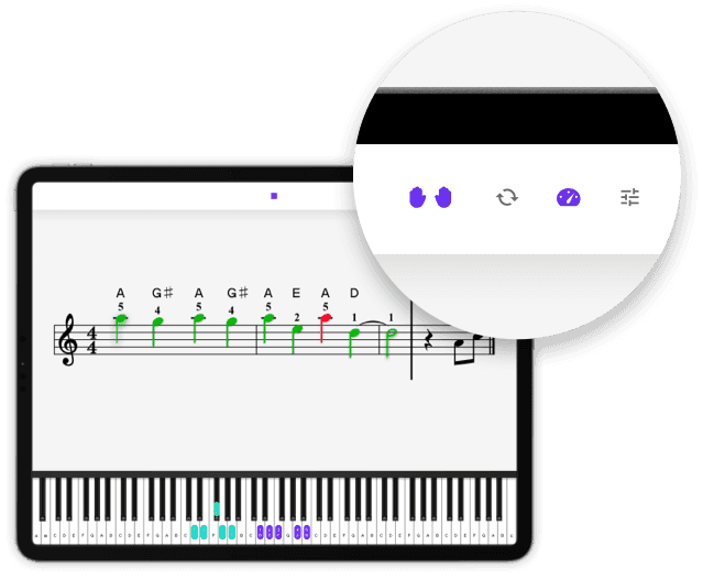 Musical notation feedback and Playground Sessions app toolbar features callout