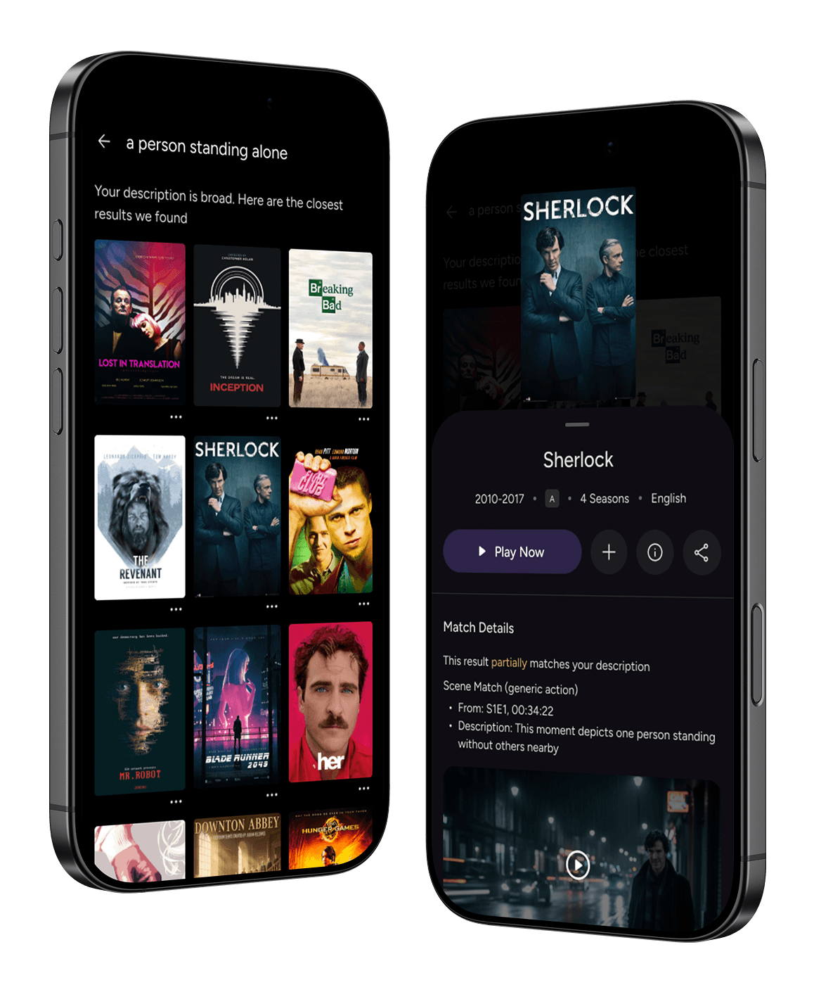 Search results for a generic action description with a "Scene Match" detail card for Sherlock