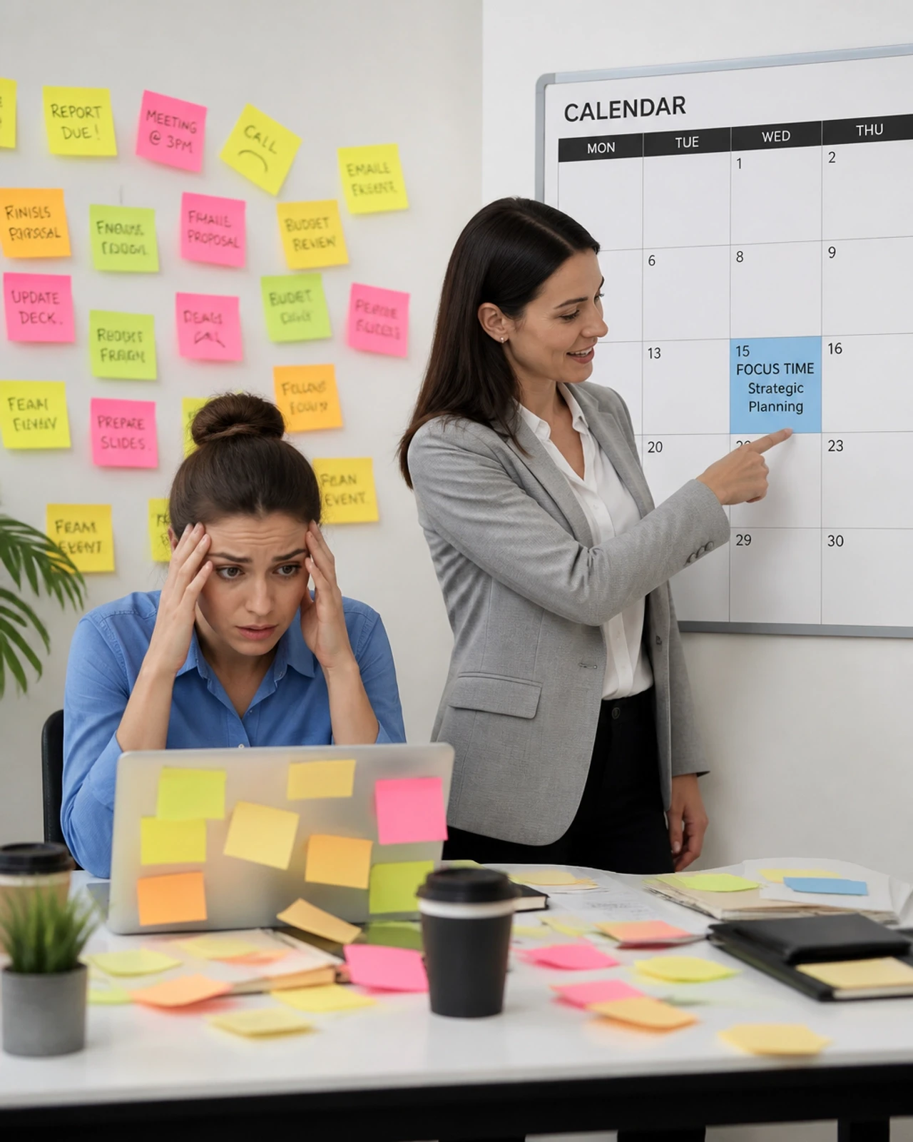 A person at a desk looking overwhelmed by many distractions, while a professional coach stands beside them pointing to a single, clear calendar entry.