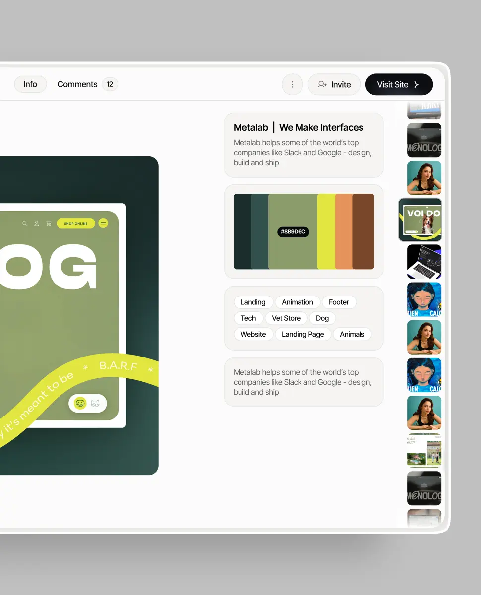 Mimmir reference detail view showing a VolDog design, color palette, and tags.