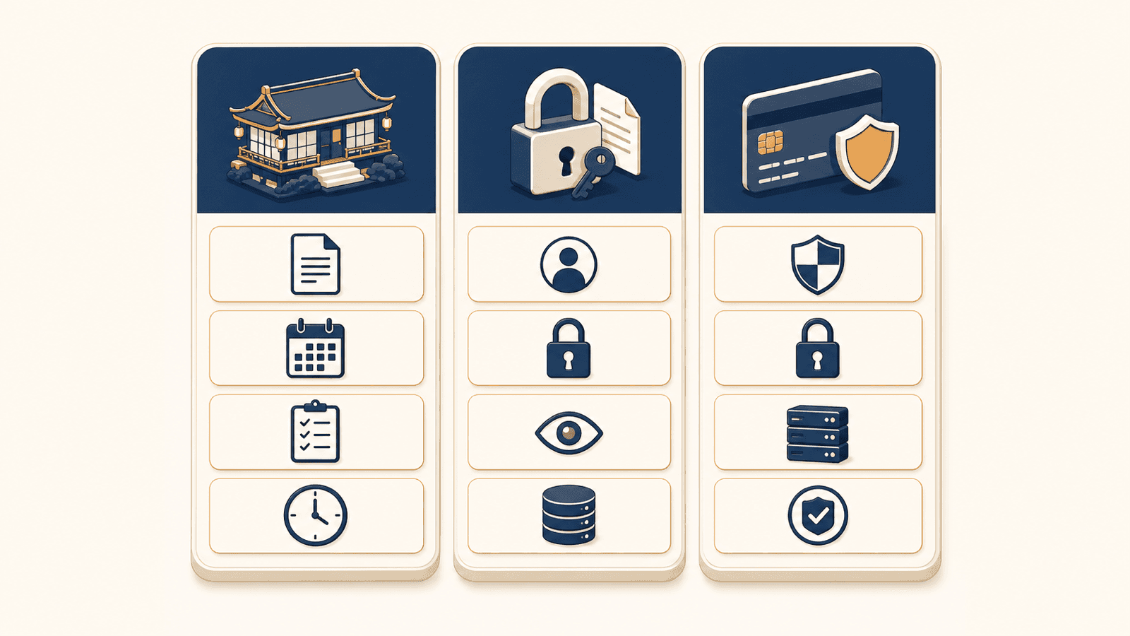 図1:宿泊事業のデータガバナンス 3 層構造(旅館業法 / 個人情報保護法 / PCI DSS)。各列に対象データ・期間・守る方法を整理。