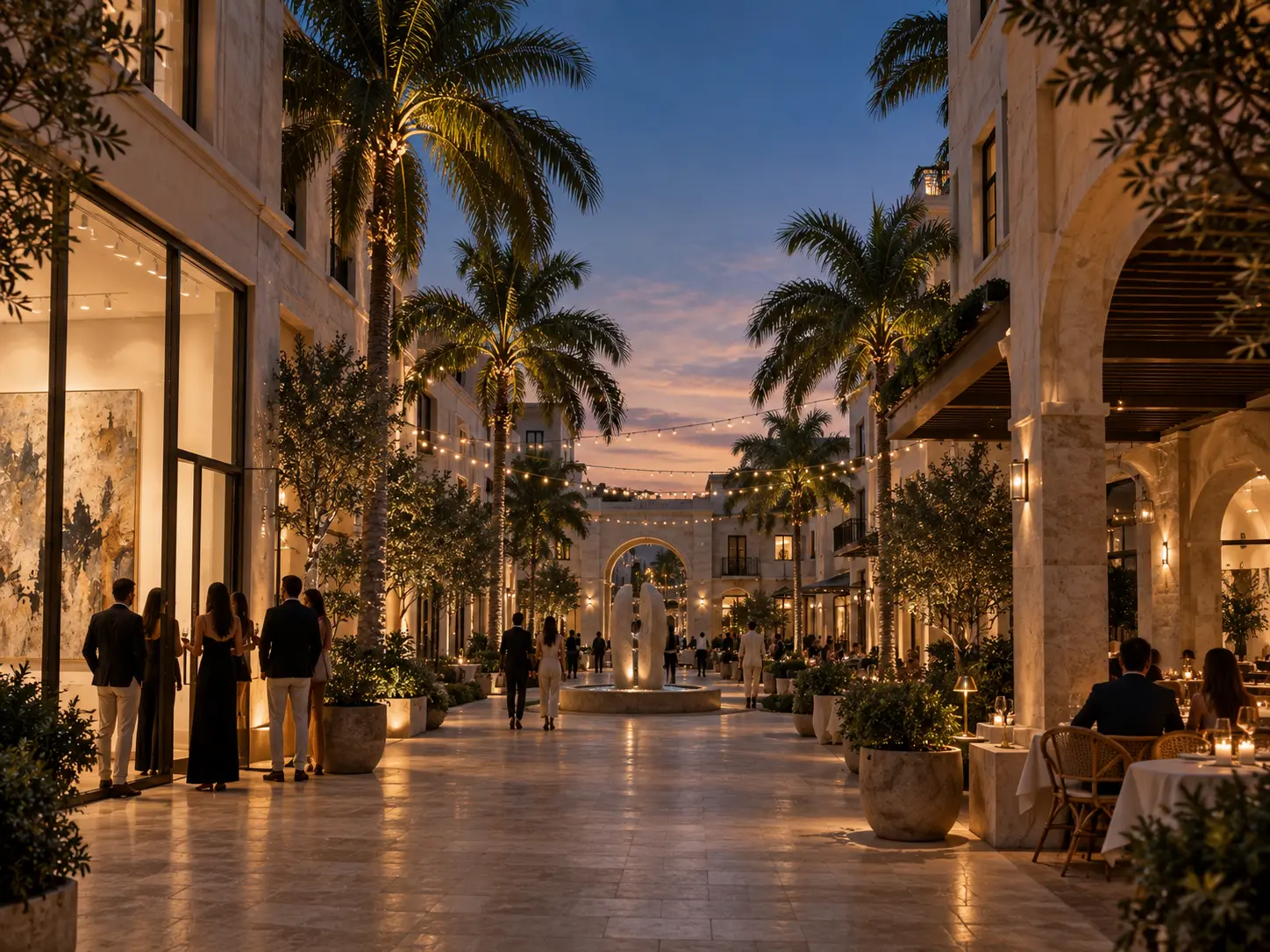 Elegant stone plaza at dusk with string lights, palm trees and a marble sculpture fountain, where guests gather outside an art gallery and diners sit under an arcade