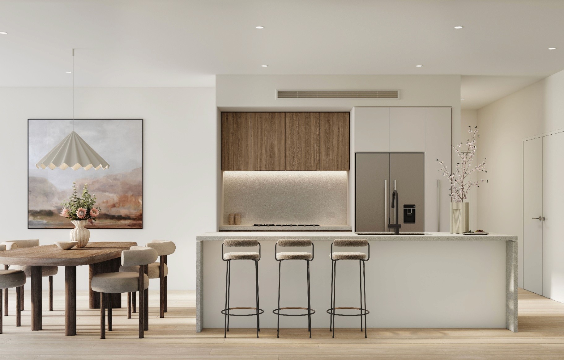 Modern open-plan apartment kitchen and dining area with island bench, bar stools, and minimalist interior design