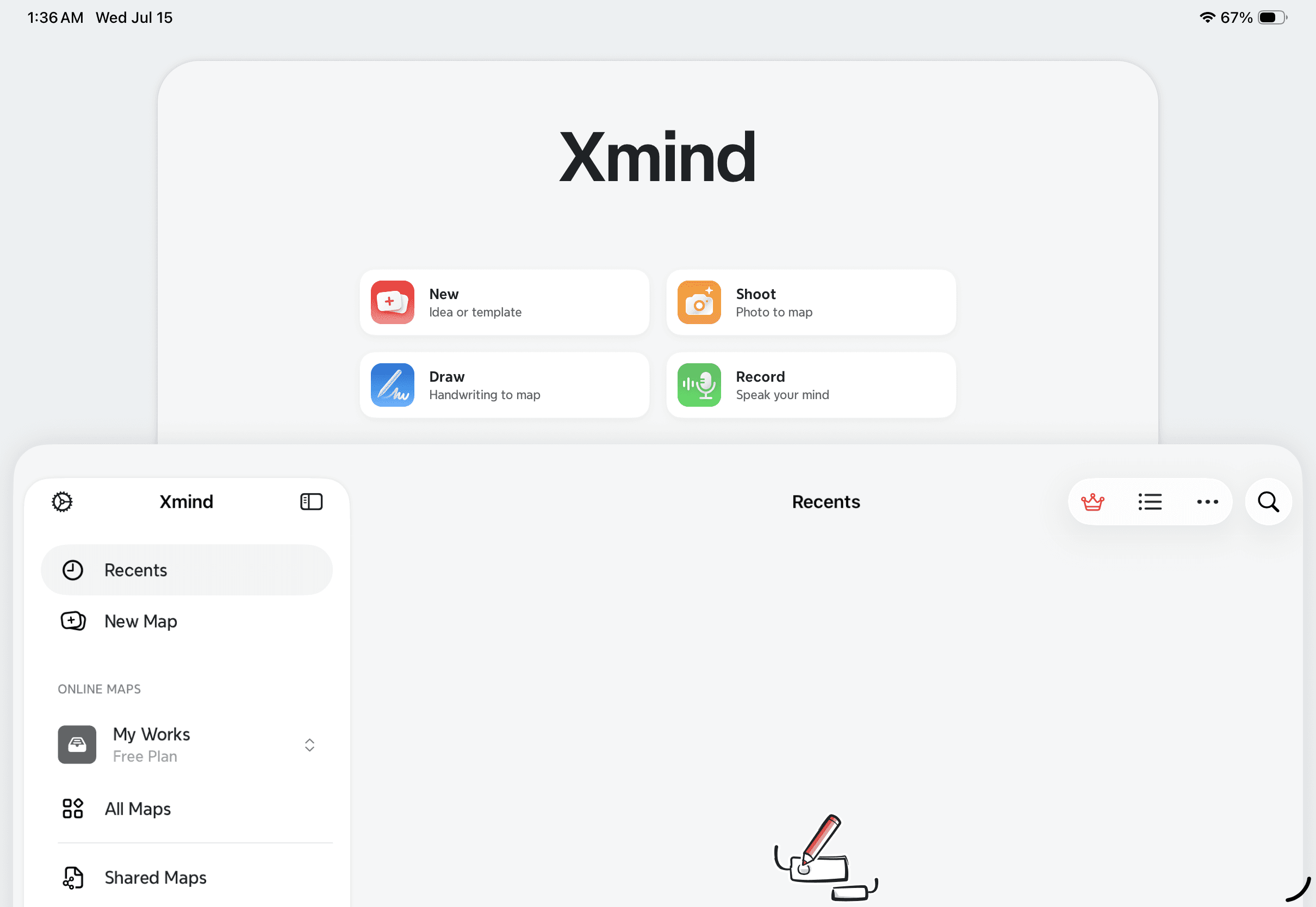 Xmind home screen showing the Record card in the hero section for starting Record to Map.