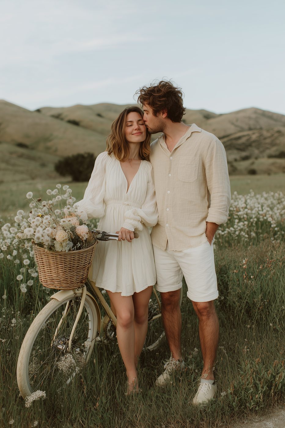 Couple embracing in a hillside meadow beside a bicycle