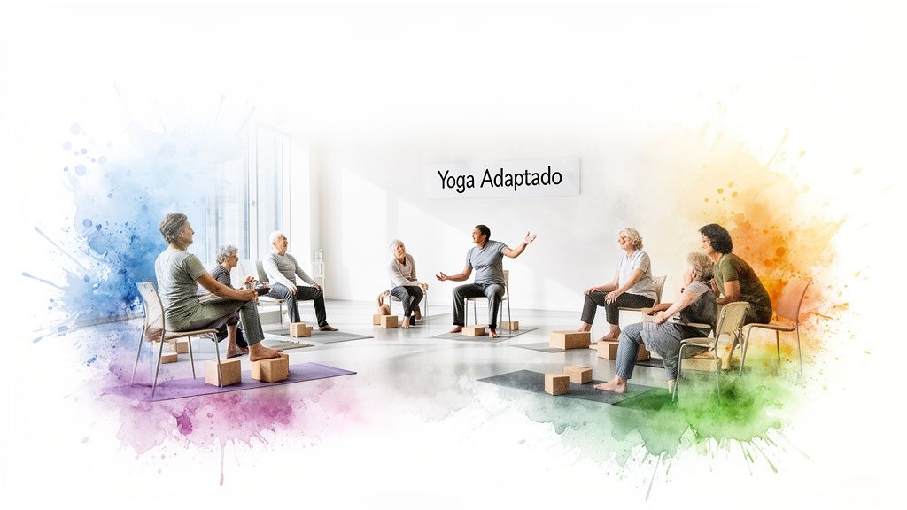 Grupo de adultos mayores practicando yoga adaptado con un instructor en un estudio luminoso.