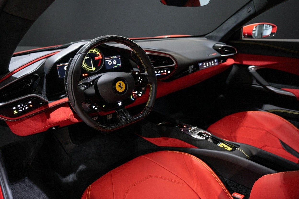 Ferrari 296 GTB red interior digital dashboard luxury car rental Dubai