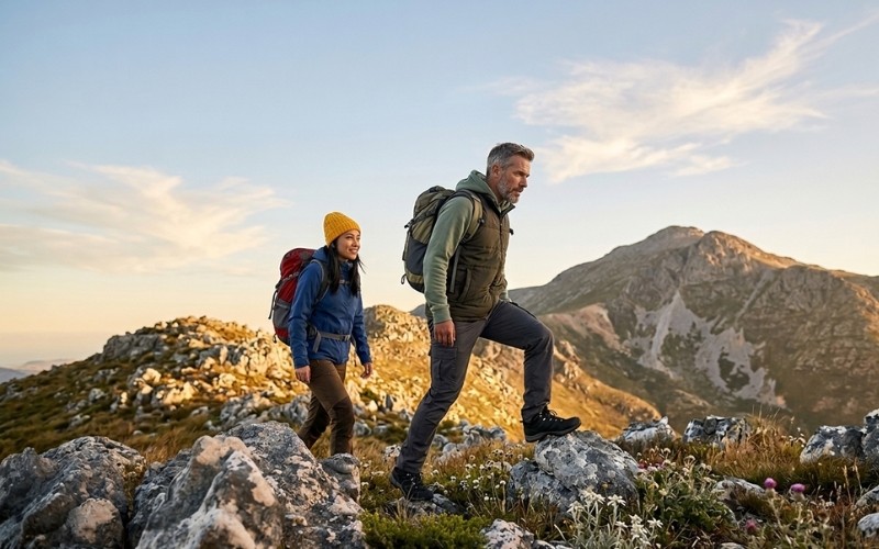 Two people hiking in the mountains during an instinct-driven outdoor challenge
