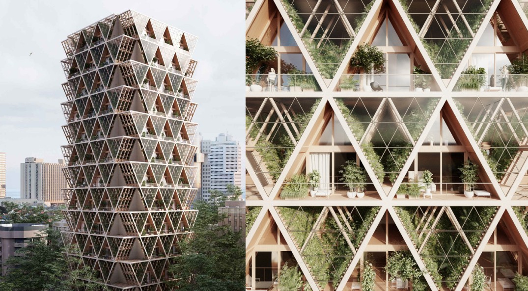 Modern residential building with triangular grid structure detail