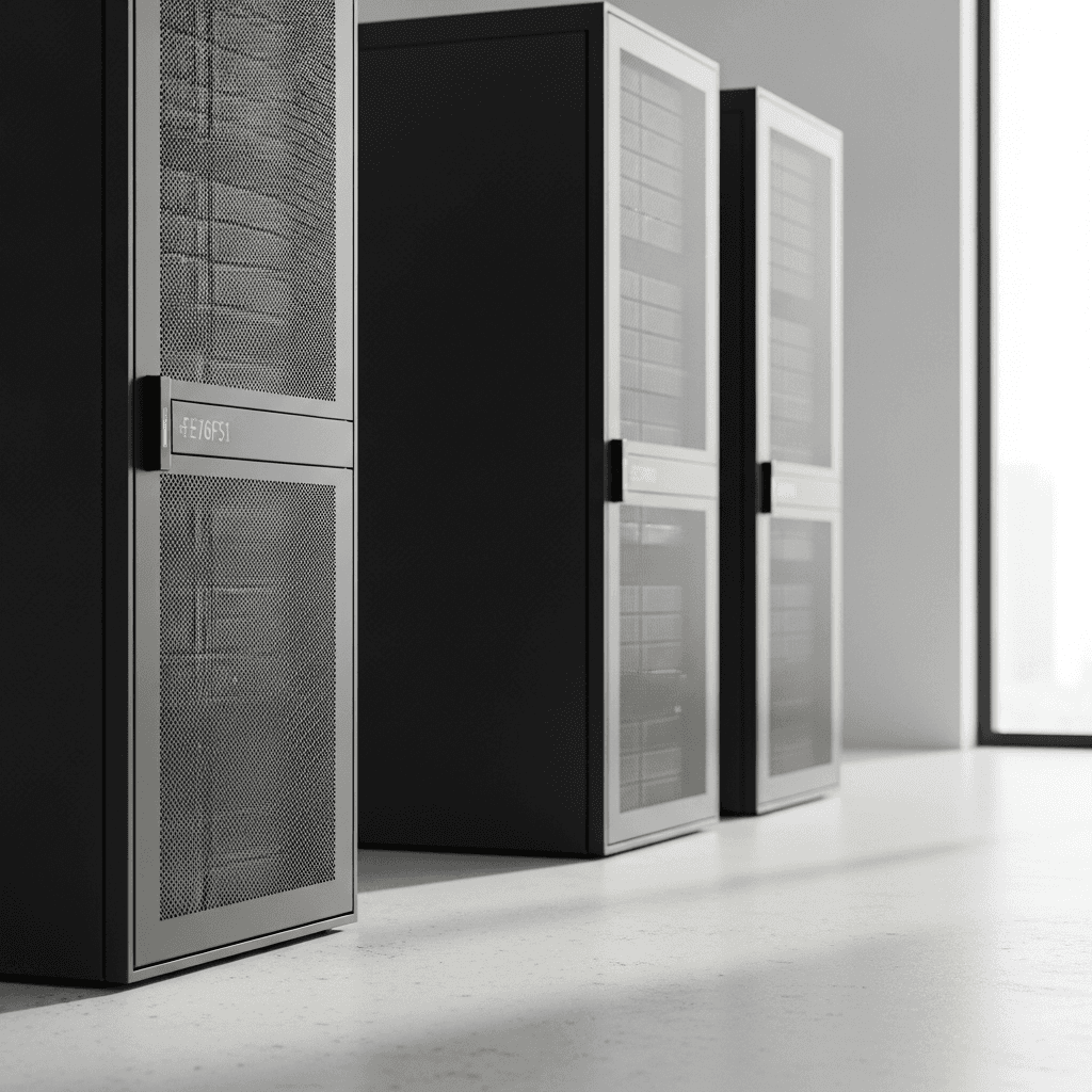 Editorial photograph of a minimalist, brightly lit server room with sleek, gray server racks in brand color #20242B. The lighting is natural and diffuse, coming from a large window out of frame. The floor is polished concrete. In the foreground, one server rack has a single subtle indicator light glowing in Agintex orange #E76F51. The background is slightly out of focus, and the overall palette includes #F5F2EC. The composition is clean and architectural, with strong vertical and horizontal lines. There is ample negative space in the upper-left third for text overlay. Aspect ratio 16:9. No text, no logos. Photorealistic, shot on a high-end architectural lens.