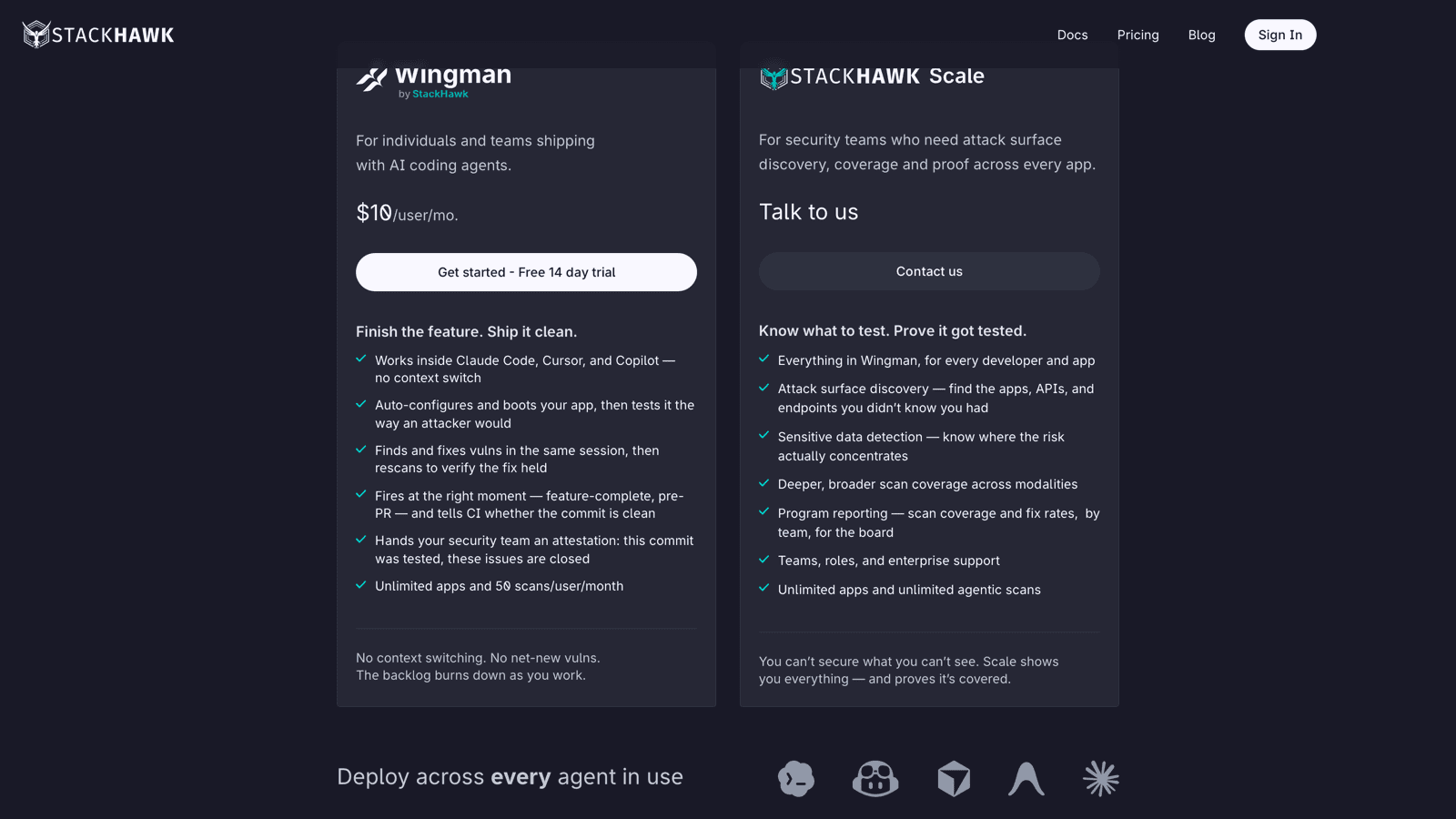 StackHawk pricing page showing Wingman at 10 dollars per user per month and the contact-sales StackHawk Scale plan