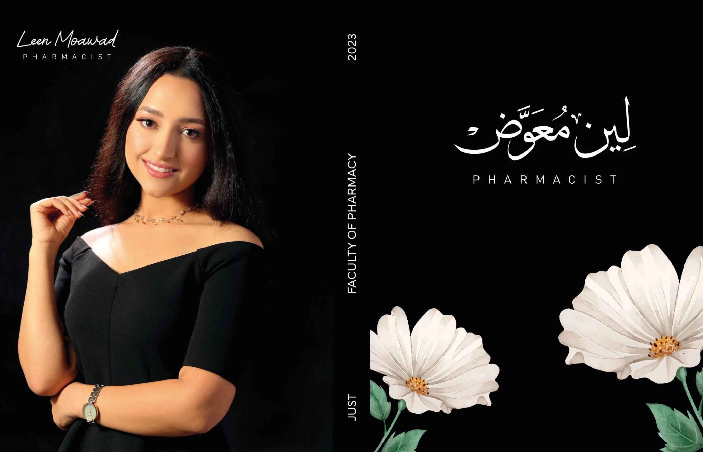 Graduation book for a girl wearing black dress and 2 white vector flowers made by kkdesign.io