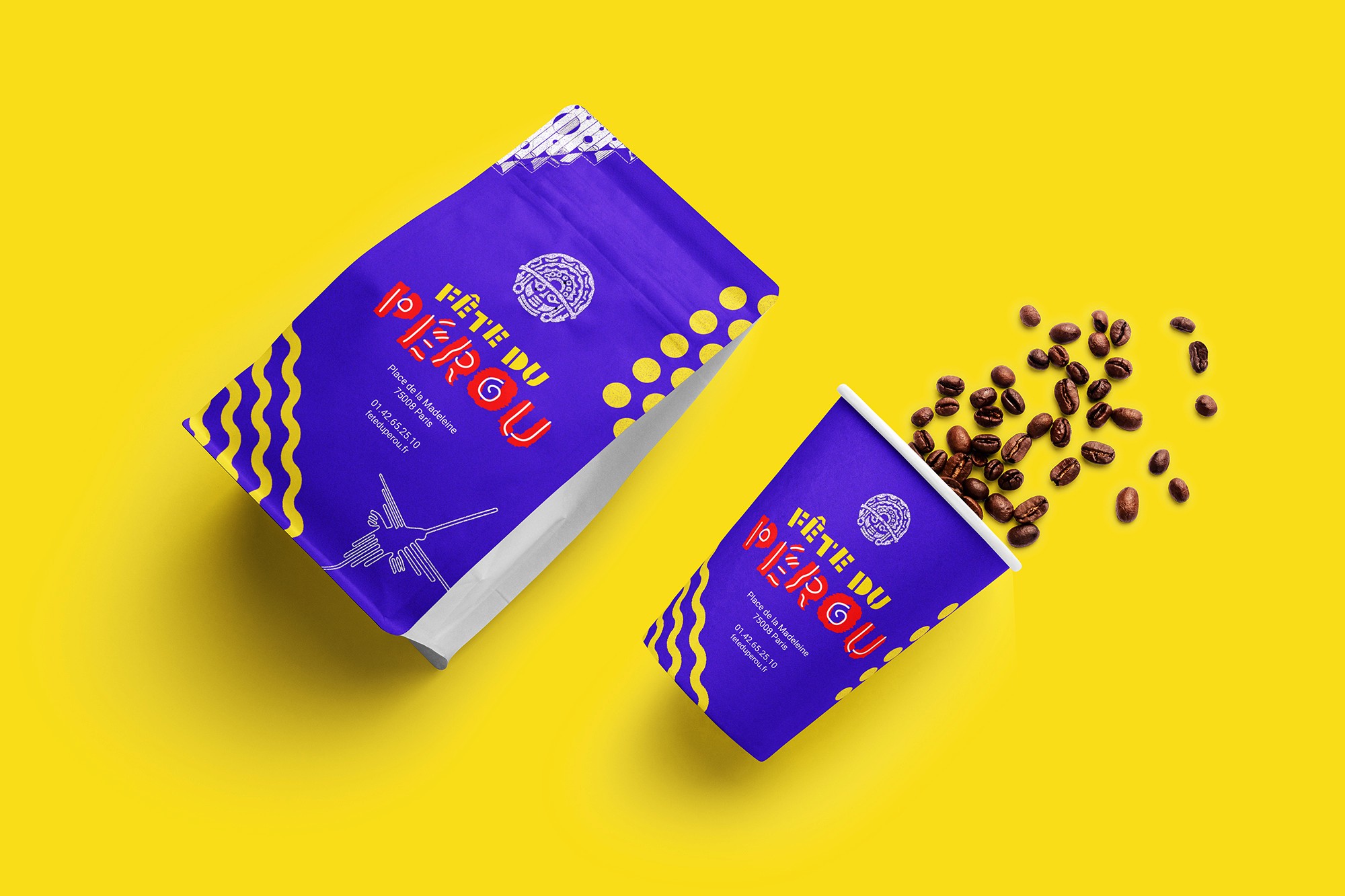 Fiestas Patrias visual identity applied to coffee packaging, combining custom typography and cultural symbols into a vibrant contemporary design