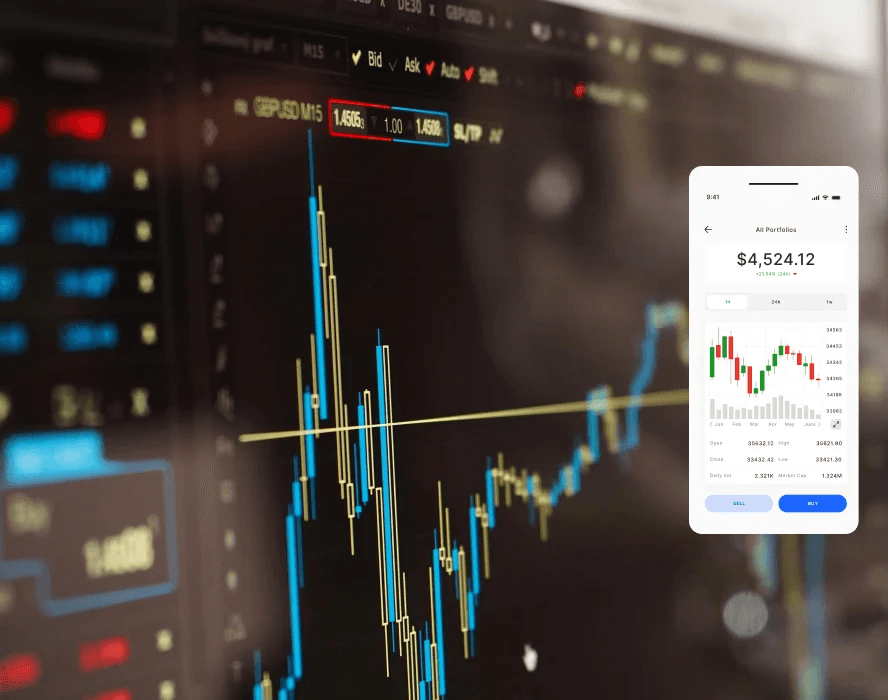 Mobile portfolio monitoring interface displaying real‑time performance charts and balance data, illustrating a mobile‑first portfolio management system for institutional trading.