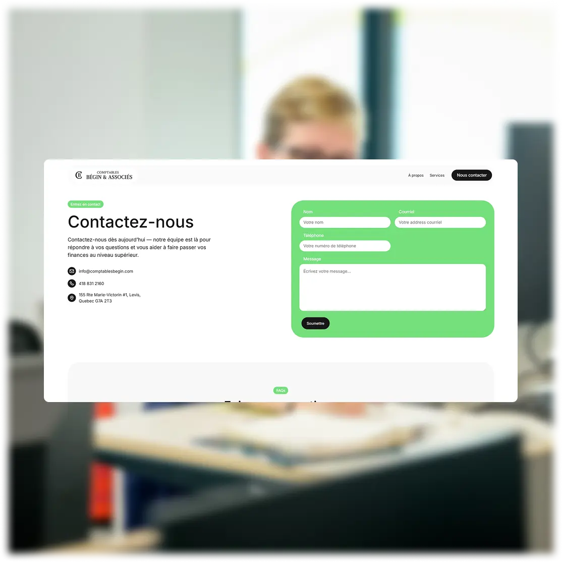 Page de contact du site Comptables Bégin avec formulaire pour prise de rendez-vous avec un comptable.