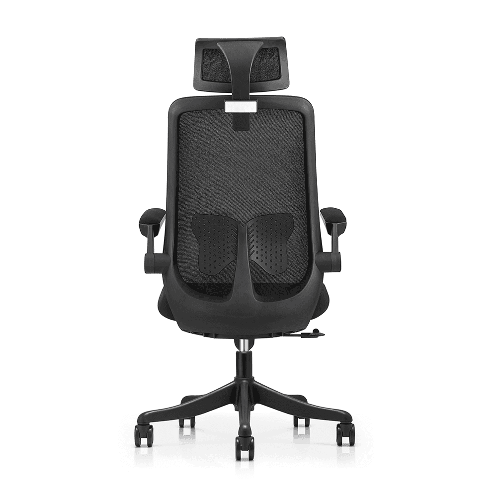 Rear view of a black high-back ergonomic chair highlighting the Y-shaped back frame and the perforated butterfly lumbar support system.